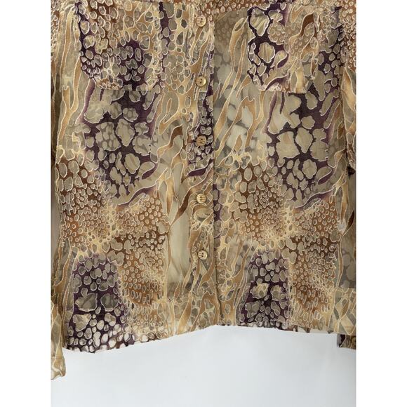 Bamboo Traders Button Up Shirt Womens Large Gold Brown Sheer Flax Animal Print - Picture 7 of 16